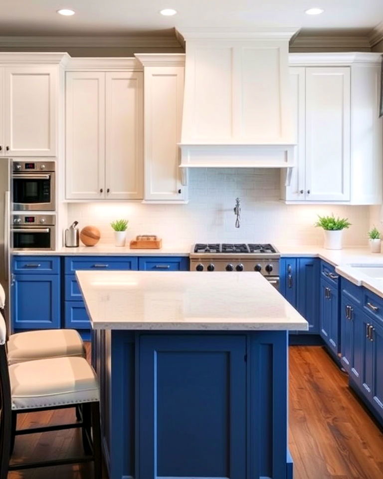 stylish two tone cabinets design - 30 White Kitchen Cabinets With Blue Island