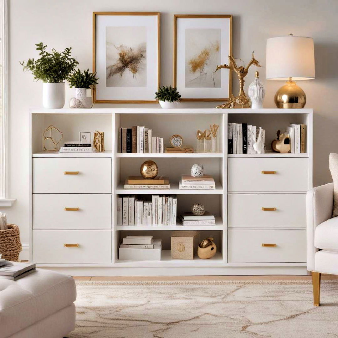 stylish white storage unit - 25 White and Gold Living Room Ideas
