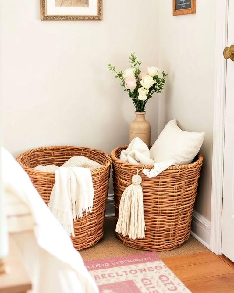 stylish wicker storage baskets - 20 Shabby Chic Bedroom Ideas