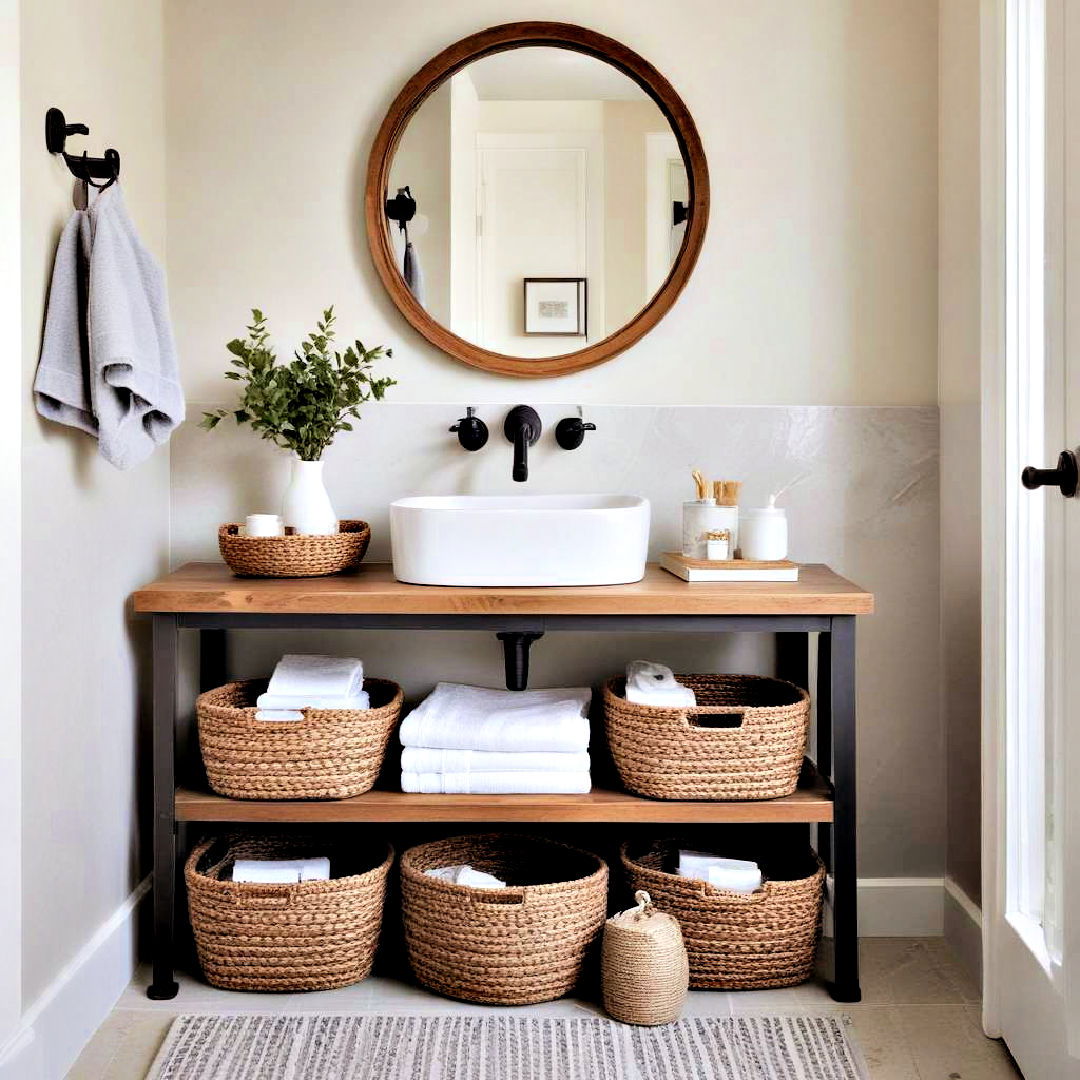 stylish woven basket storage - 40 Bathroom Decor Ideas