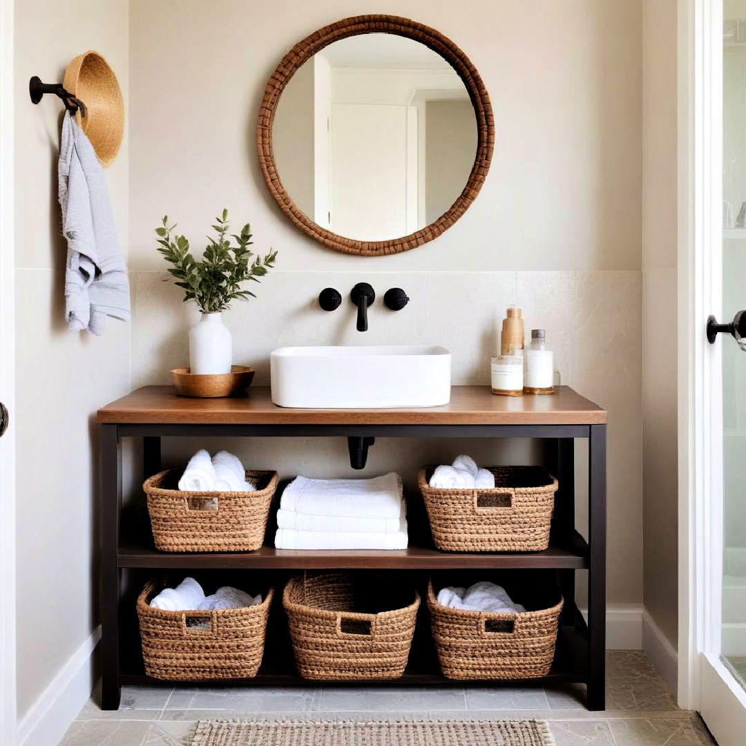 stylish woven storage baskets - 25 Boho Bathroom Ideas