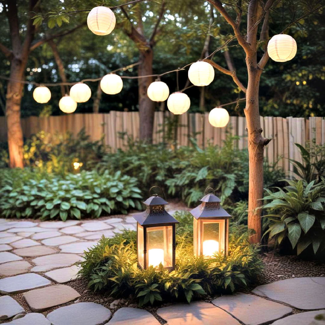 subtle garden lighting with lanterns - 25 Zen Garden Ideas
