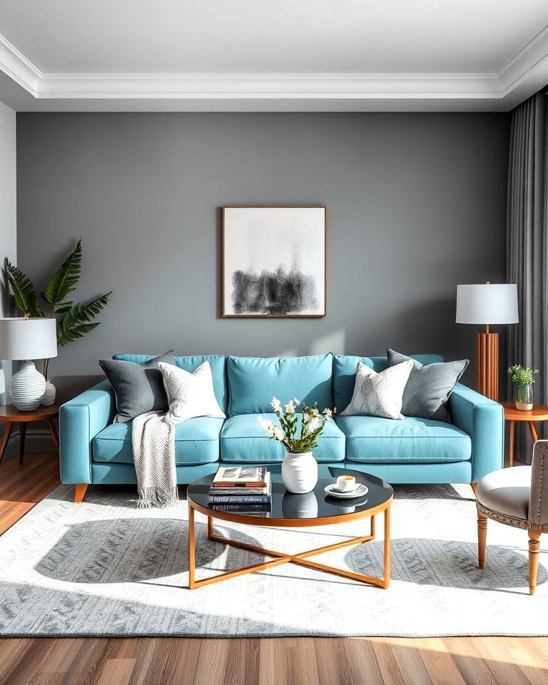 subtle gray accents for teal couch living room - 20 Teal Couch Living Room Ideas