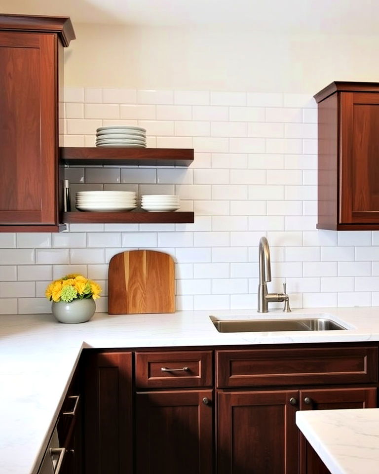 subway tile kitchen backsplash for brown cabinets - 25 Brown Kitchen Cabinets Ideas