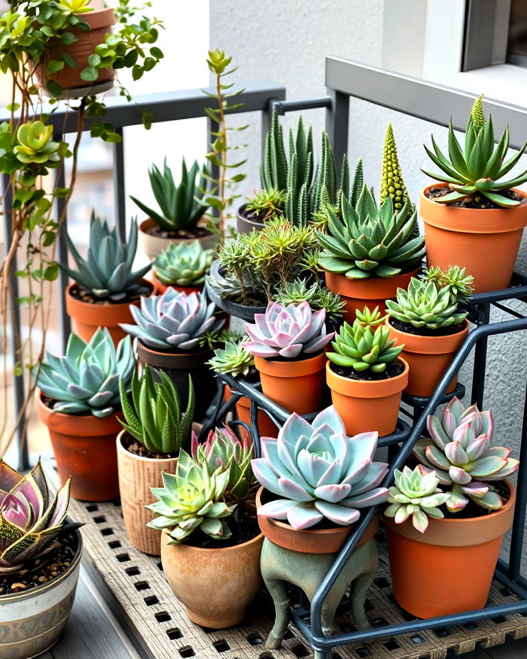 succulent collection for low maintenance balcony gardening - 40 Balcony Garden Ideas