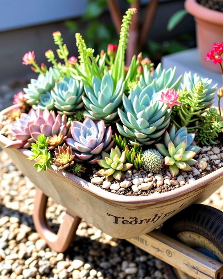 succulent garden in wheelbarrow - 25 Old Wheelbarrow Ideas