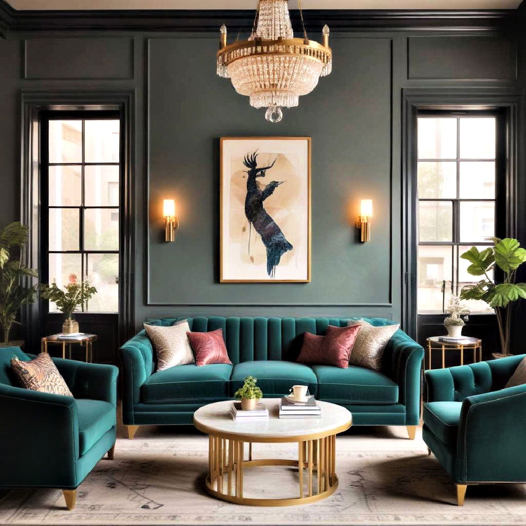 sumptuous velvet sofas for comfort - 25 Art Deco Living Room Ideas