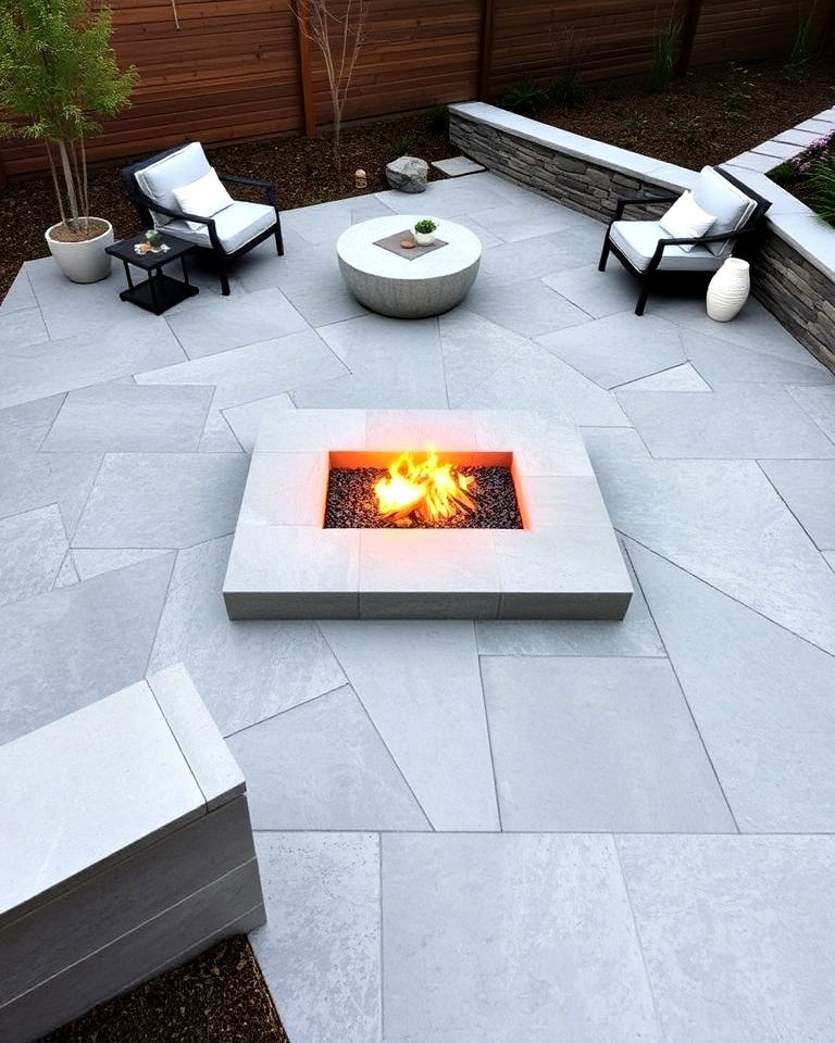 sunken fire pit to create sleek look - 25 Stone Patio With a Fire Pit Ideas