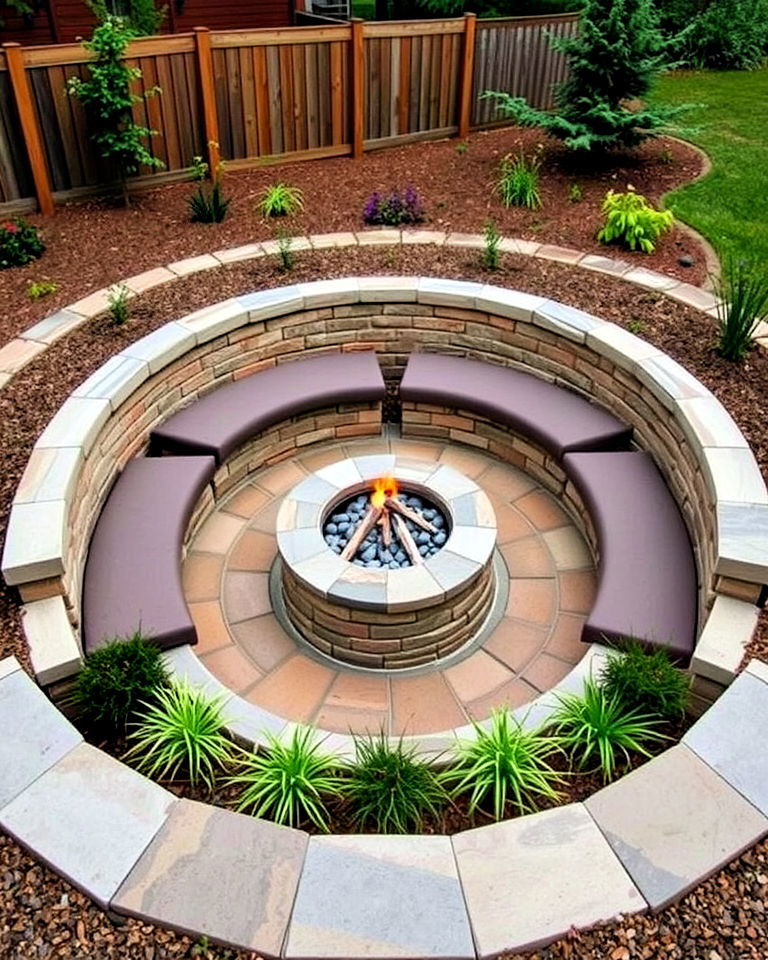 sunken fire pit with benches - 20 Front Yard Fire Pit Ideas