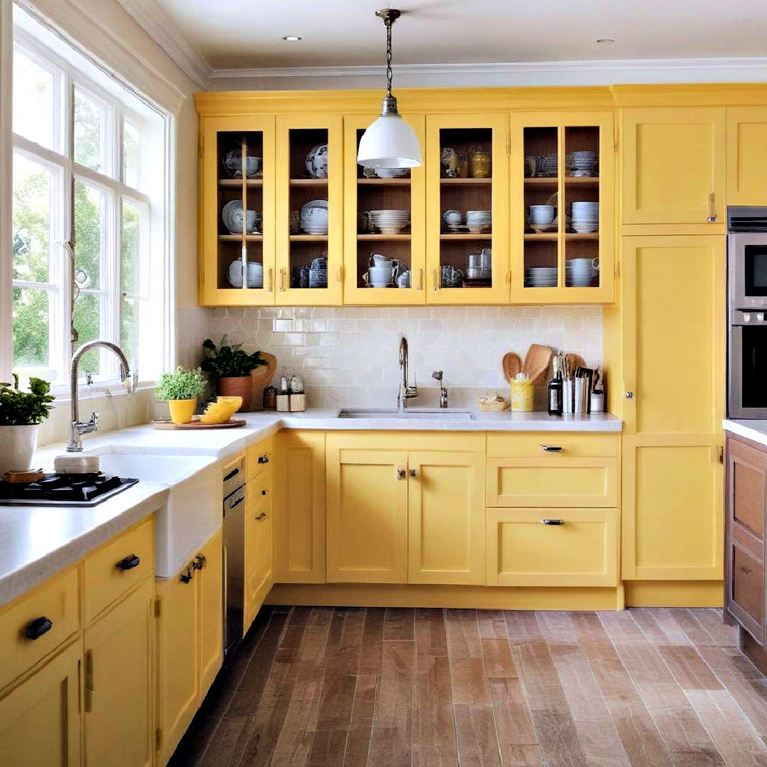 sunny yellow painted cabinet for kitchen - 40 Painted Kitchen Cabinet Ideas