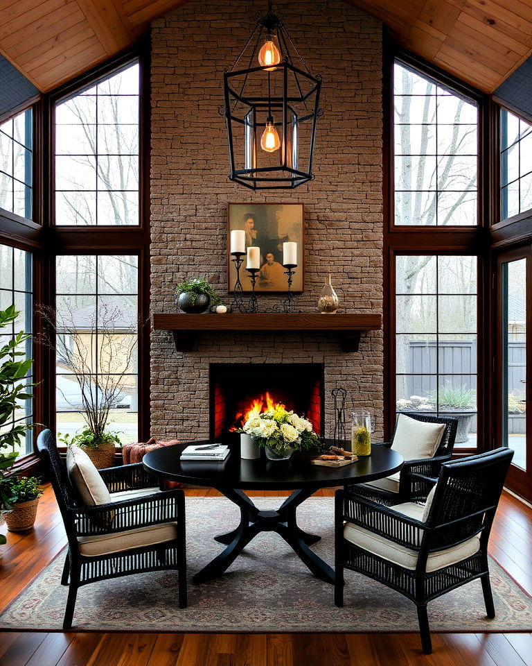 sunroom dining room with fireplace - 25 Sunroom Dining Room Ideas