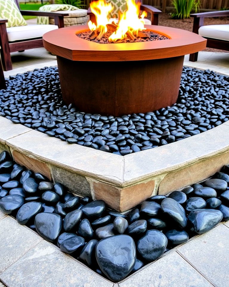 surround a fire pit with black river rock - 20 Black River Rock Landscaping Ideas