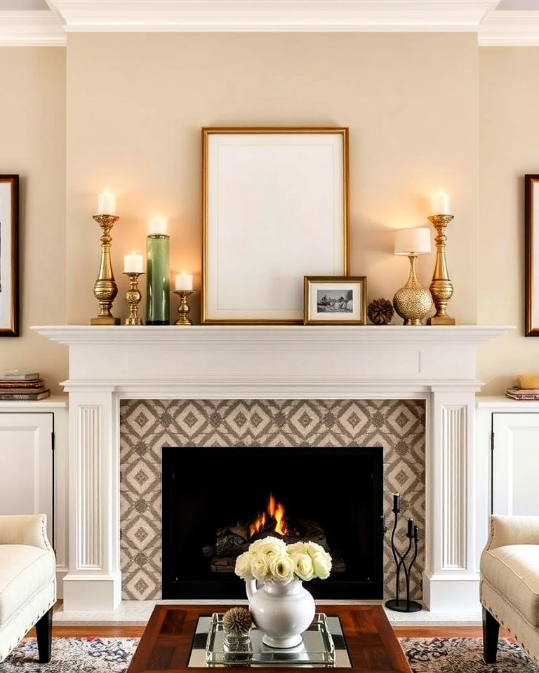 symmetrical fireplace mantel styling - 15 Symmetrical Living Room Ideas