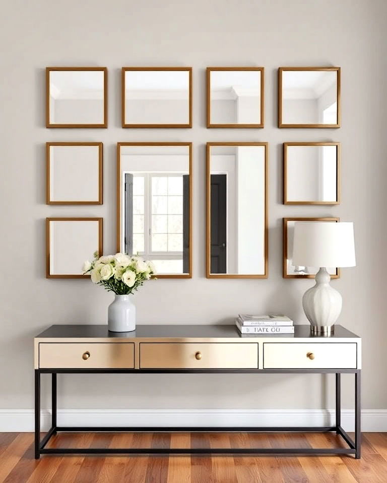 symmetrical grid mirror gallery wall - 30 Mirror Gallery Wall Ideas