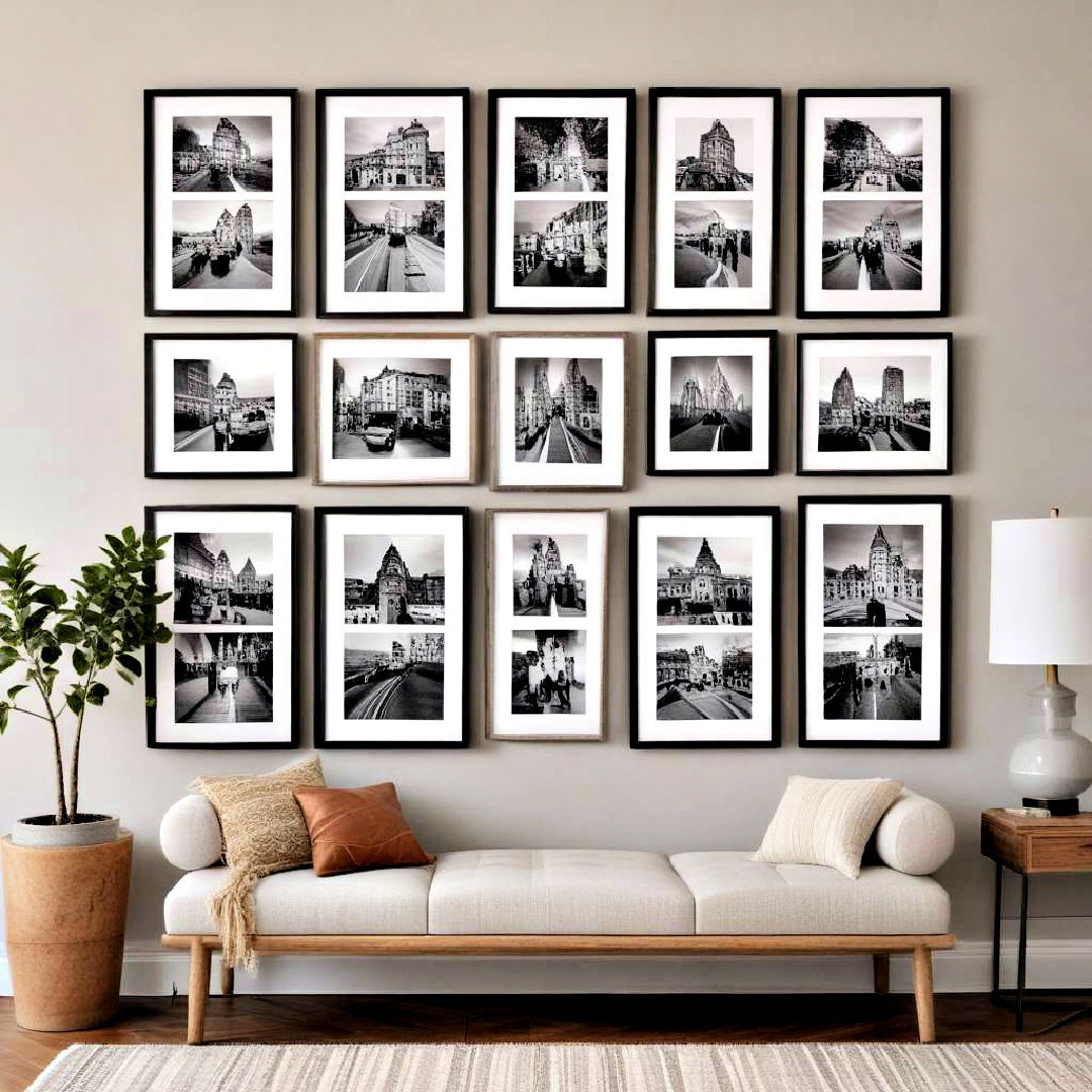symmetrical rows to make organized layout - 40 Photo Wall Ideas
