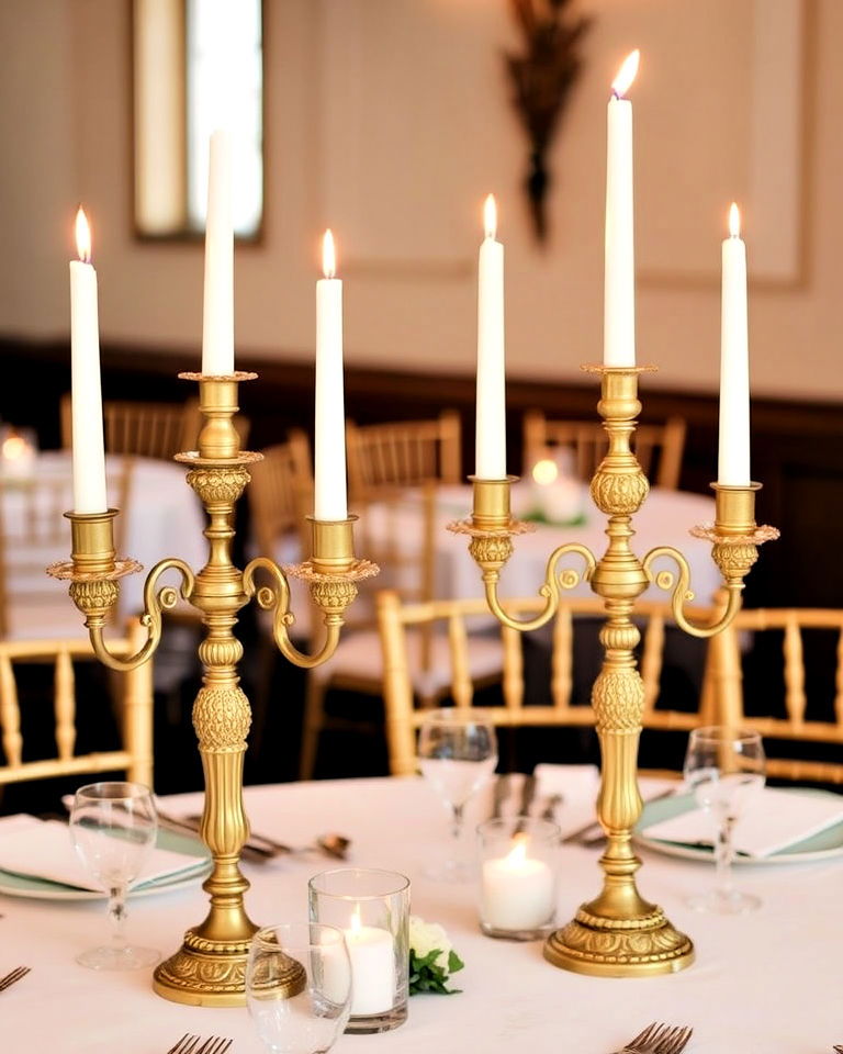 table decoration with antique candelabras - 30 Wedding Table Decoration Ideas