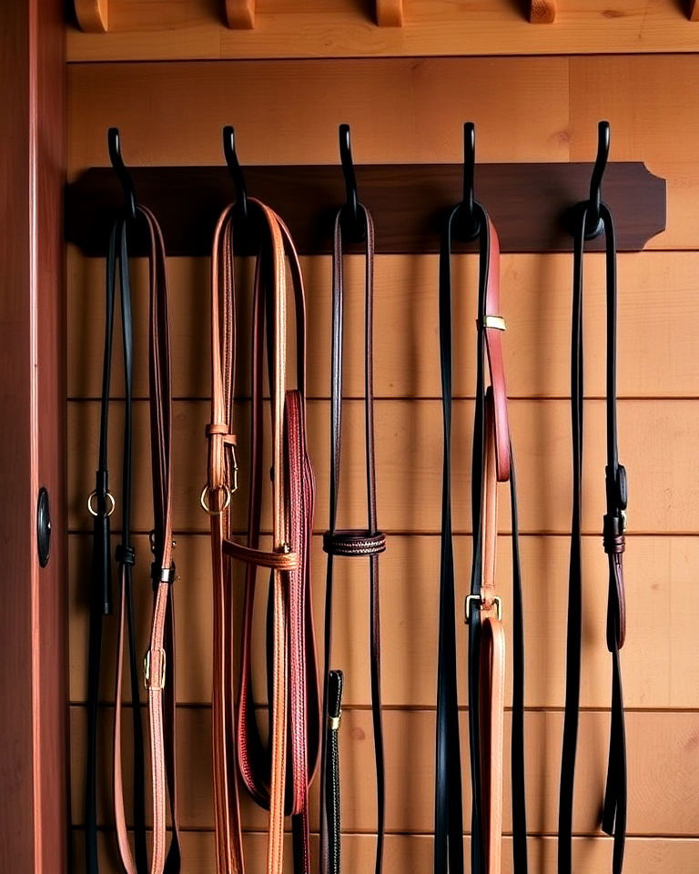 tack room with wall mounted bridle hooks - 20 Tack Room Ideas
