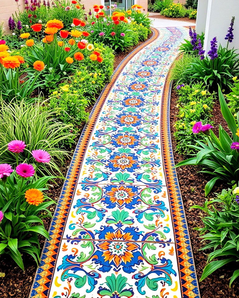 talavera tile walkway for mexican garden - 25 Mexican Garden Ideas