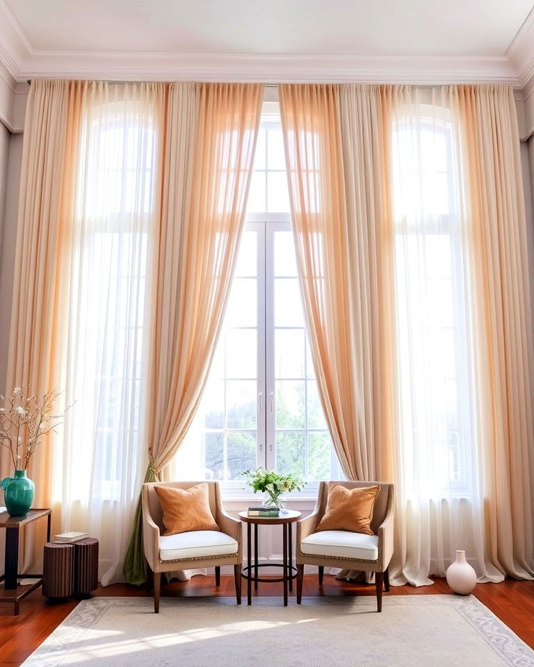 tall windows with tiered curtains - 25 High Ceiling Living Room Ideas