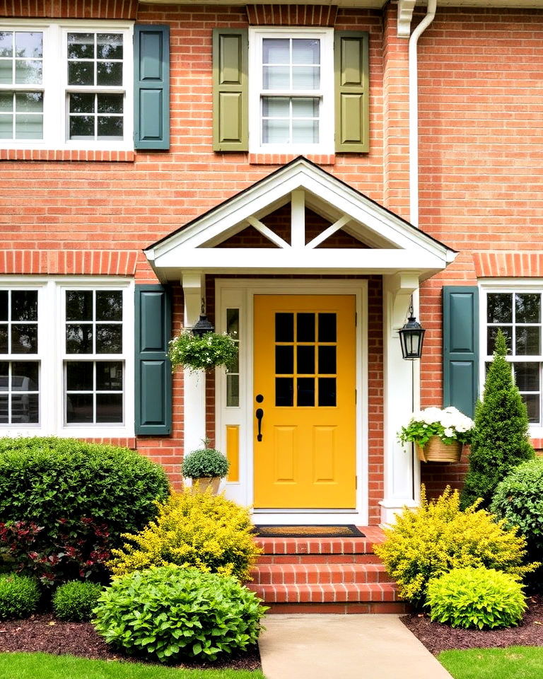 tan brick exterior with creamy yellow details - 25 Tan Brick House Color Schemes