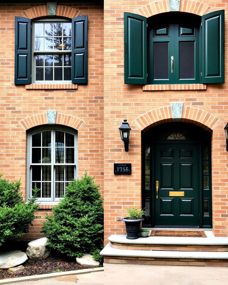 tan brick exterior with forest green accents - 25 Tan Brick House Color Schemes