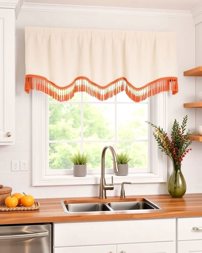 tassel trimmed valance for bohemian flair - 20 Kitchen Valance Ideas