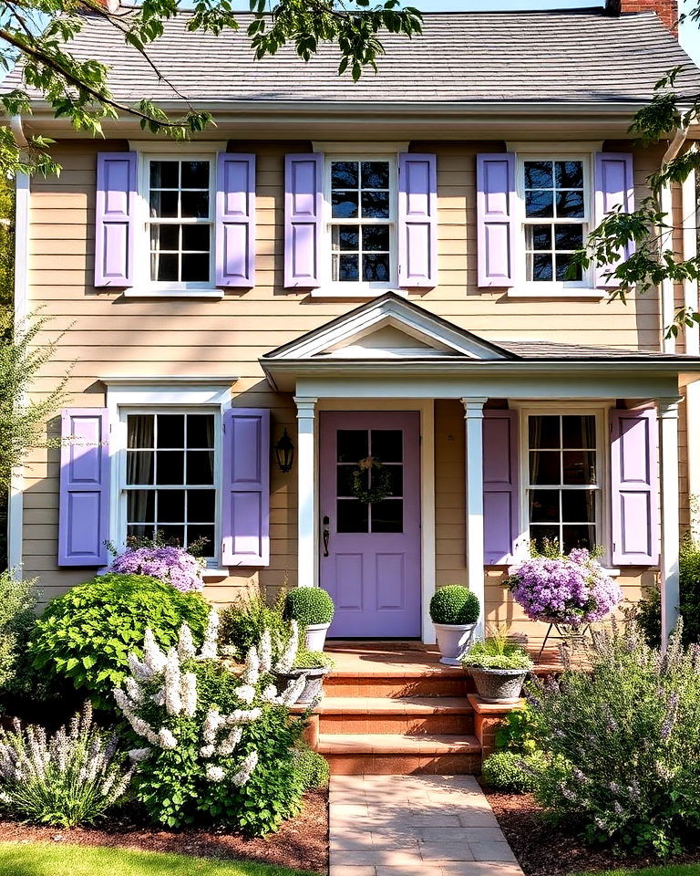 taupe and lavender for whimsical touch - 25 Exterior Taupe House Color Combinations