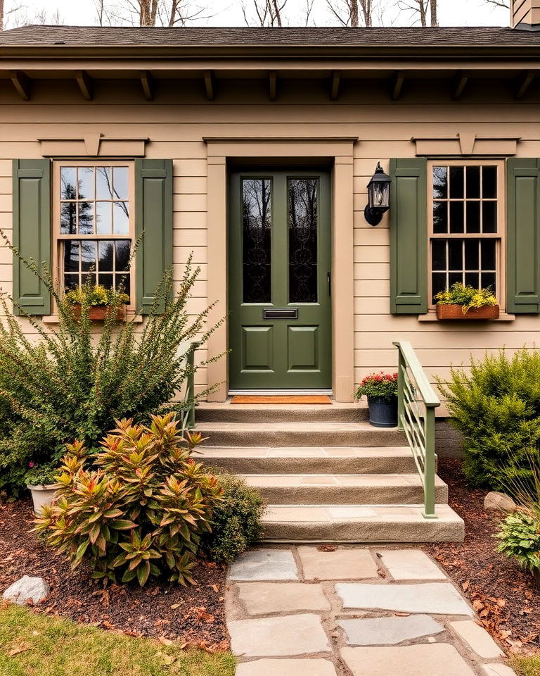 taupe and olive green combo - 25 Exterior Taupe House Color Combinations