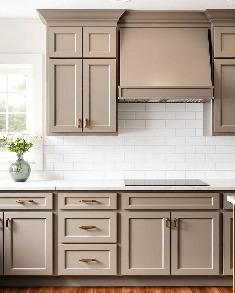 taupe cabinets and subway tile backsplash - 25 Taupe Kitchen Cabinet Ideas