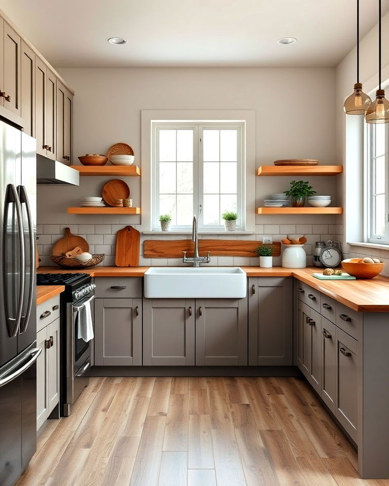 taupe cabinets with natural wood accents - 25 Taupe Kitchen Cabinet Ideas