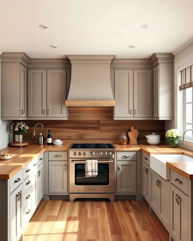 taupe cabinets with wood countertop ideas - 25 Taupe Kitchen Cabinet Ideas