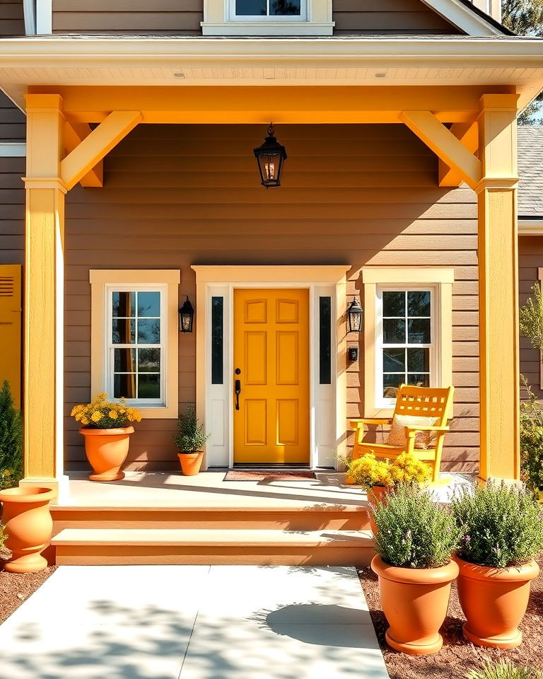 taupe exterior and cheerful mustard yellow accents - 25 Exterior Taupe House Color Combinations