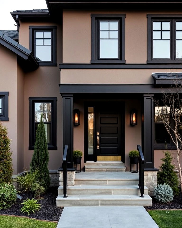 taupe exterior with ebony contrast - 25 Exterior Taupe House Color Combinations