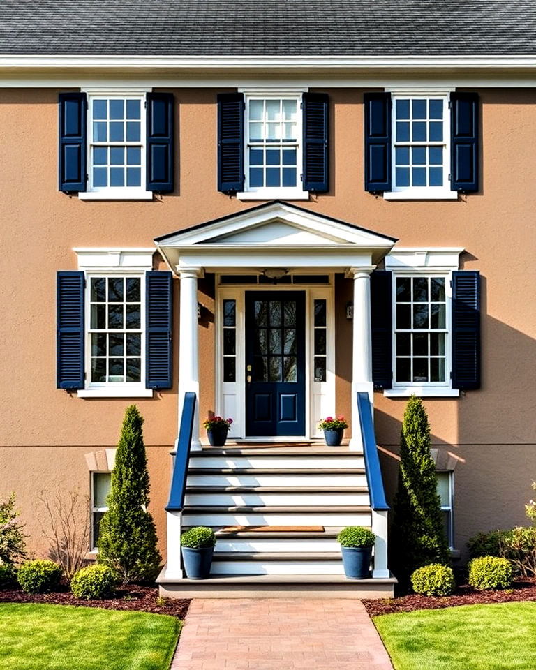 taupe exterior with navy blue accents - 25 Exterior Taupe House Color Combinations
