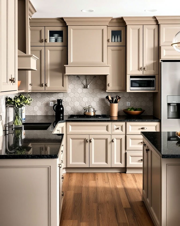 taupe kitchen cabinets and bold countertops - 25 Taupe Kitchen Cabinet Ideas