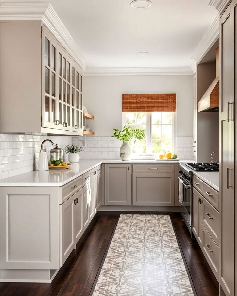 taupe kitchen cabinets with bold flooring - 25 Taupe Kitchen Cabinet Ideas