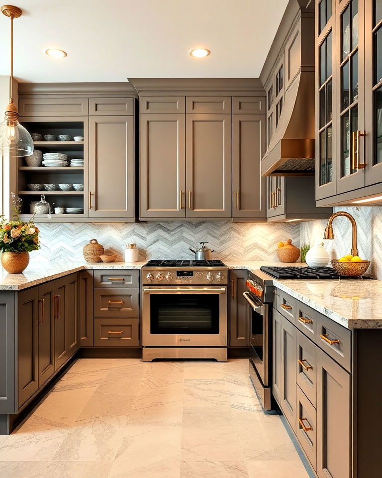 taupe kitchen cabinets with gold hardware - 25 Taupe Kitchen Cabinet Ideas