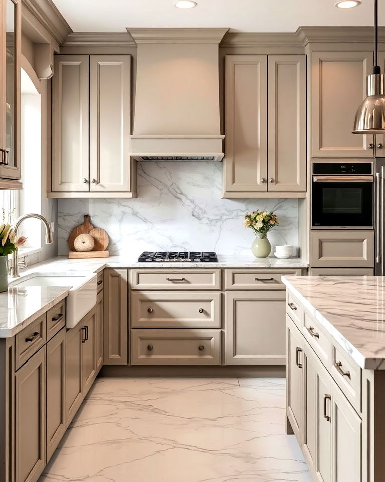taupe kitchen cabinets with marble countertops - 25 Taupe Kitchen Cabinet Ideas
