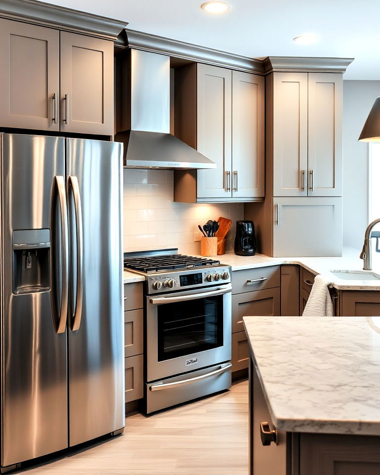 taupe kitchen cabinets with stainless steel appliances - 25 Taupe Kitchen Cabinet Ideas