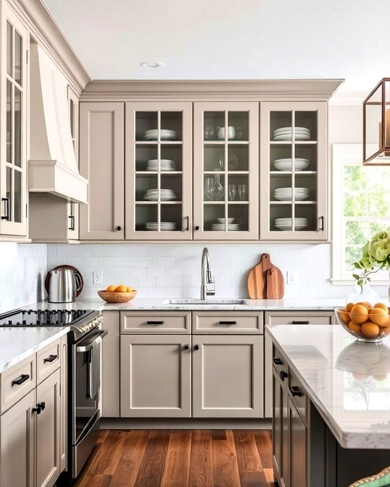 taupe kitchen glass front cabinets - 25 Taupe Kitchen Cabinet Ideas