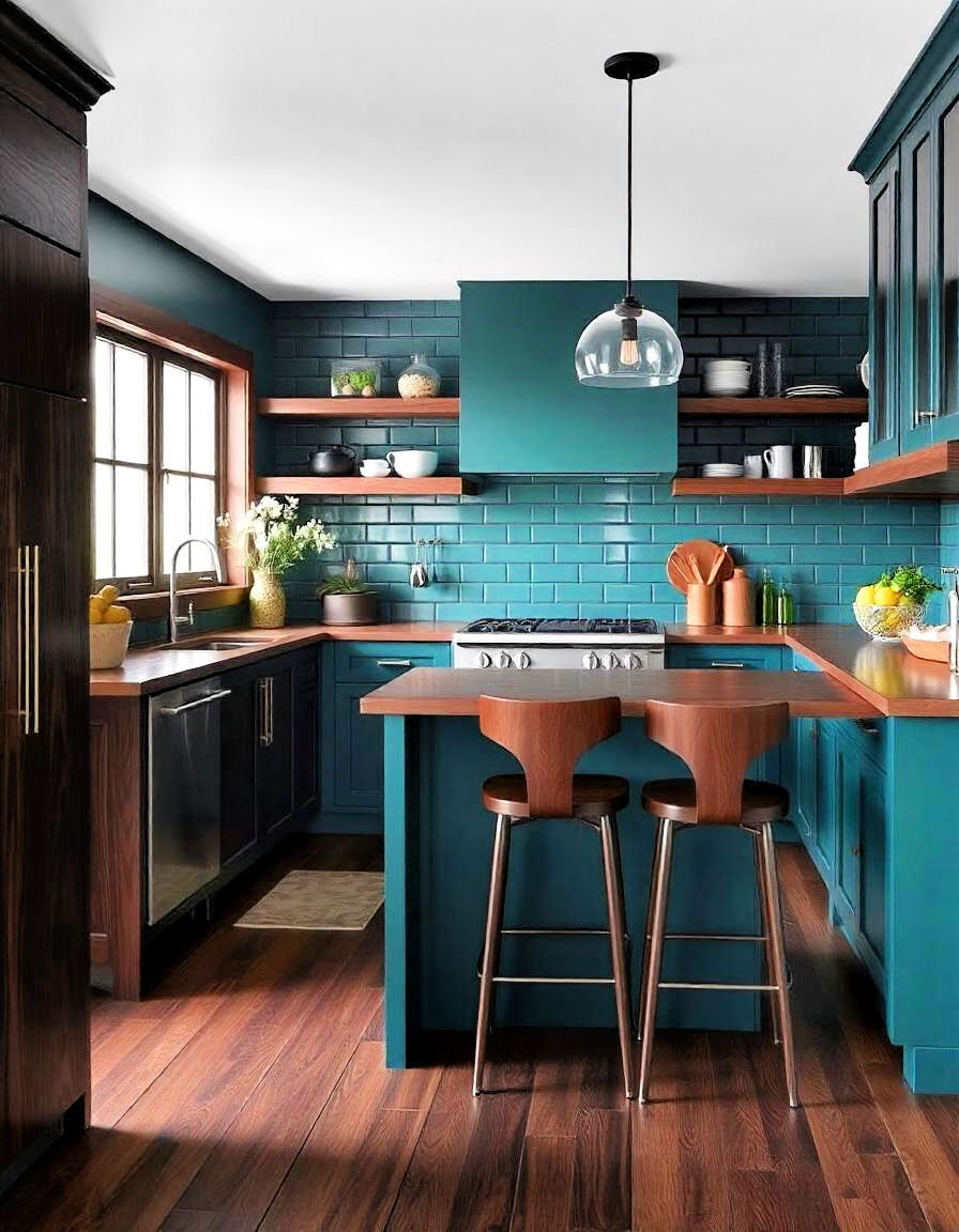 teal and dark wood elements for kitchen - 20 Teal Kitchen Ideas