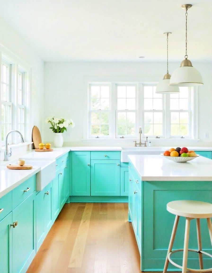 teal and white combo - 20 Teal Kitchen Ideas