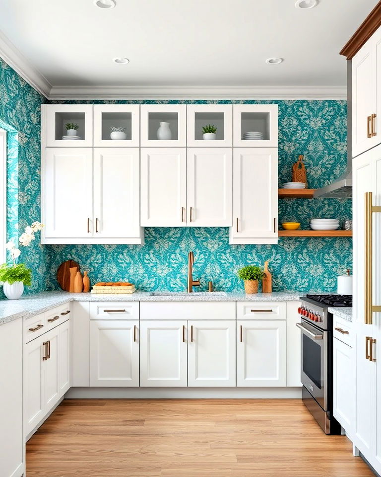 teal and white kitchen bold wallpaper - 20 Teal and White Kitchen Ideas
