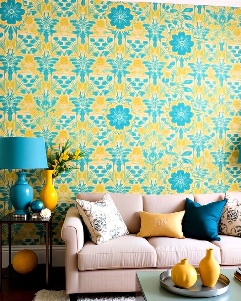 teal and yellow patterned wallpaper - 25 Teal and Yellow Living Room Ideas