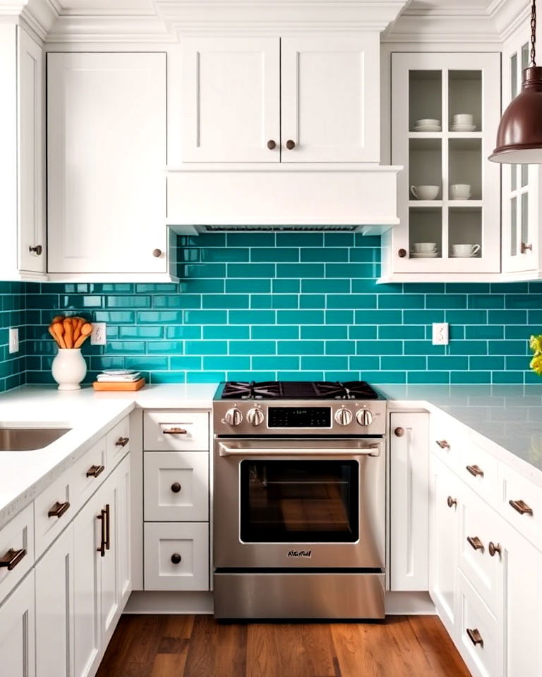 teal backsplash and white kitchen cabinets - 20 Teal and White Kitchen Ideas