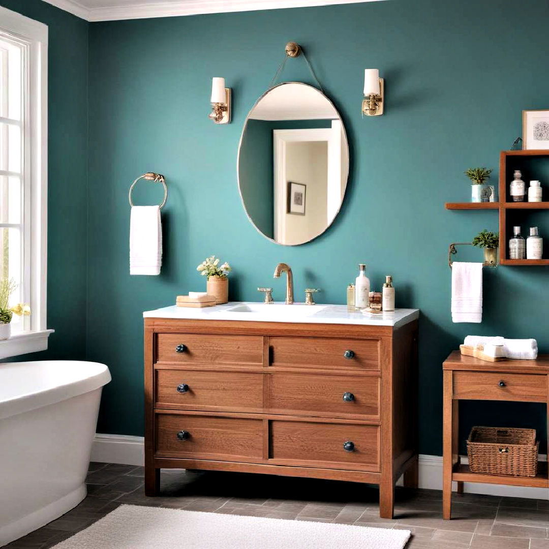 teal bathroom paint pairs with wooden accents - 40 Bathroom Paint Ideas
