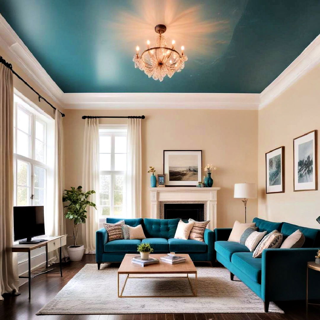teal ceiling design - 25 Teal Living Room Ideas