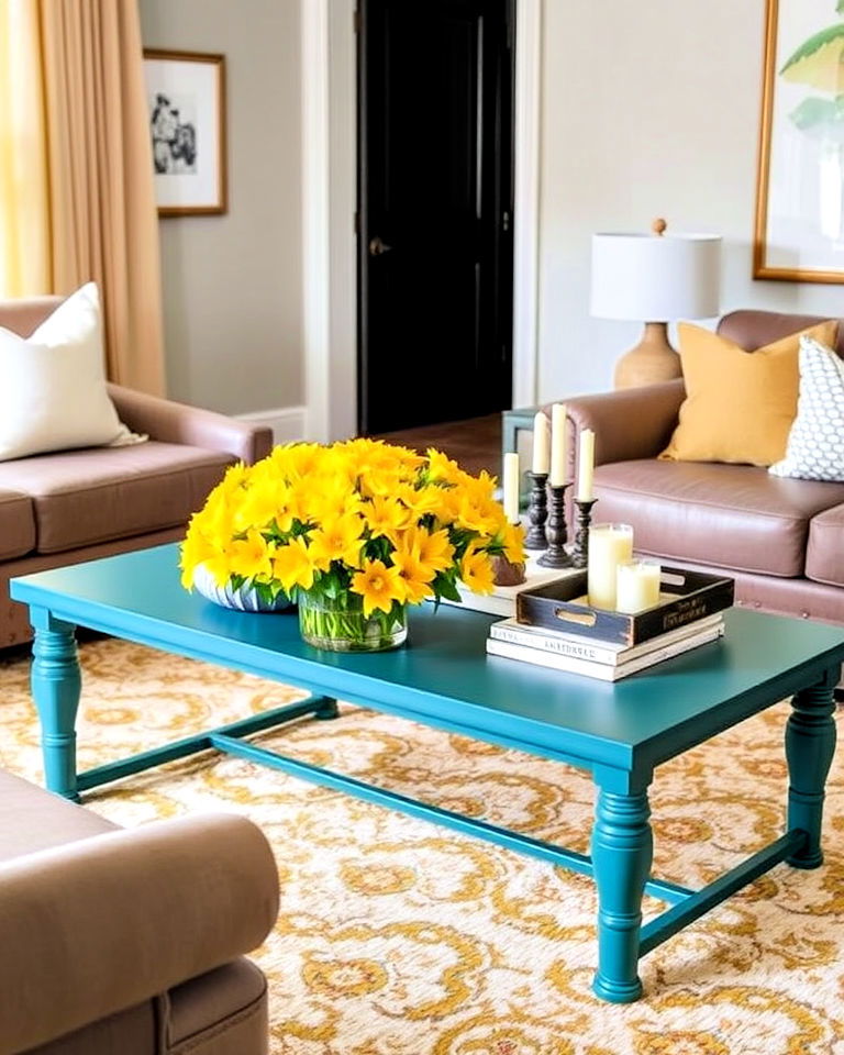 teal coffee table as centerpiece - 25 Teal and Yellow Living Room Ideas