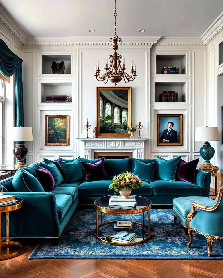 teal couch and jewel tones combination - 20 Teal Couch Living Room Ideas