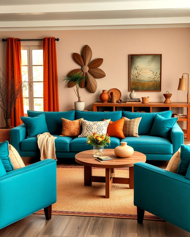 teal couch living room with earthy tones - 20 Teal Couch Living Room Ideas